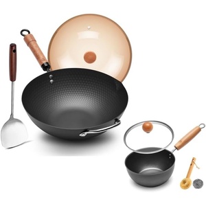 image:imageWANGYUANJI 126 Wok with Lid Flat Bottom Nonstick Wok Pan for Induction Cooktop and 71 Inch Hammered Cast Iron Saucepan with Glass Lid