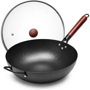 image:imageWANGYUANJI 13434cm Carbon Steel Wok Pan with LidLarge Flat Bottom Stir Fry Pan for ElectricInduction amp Glass Top Stoves High Stability NoWobble Design Lightweight Chinese Cookware 46 People134inch