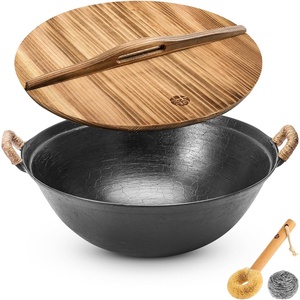 image:imageWANGYUANJI 142 Cast Iron Wok with Lid Dual Handles  Flat Bottom Chinese Stir Fry Pan for Induction amp Gas Stoves  Traditional Handcrafted Turtle Shell Texture Uncoated amp NonToxic118 inches