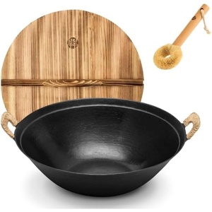 image:imageWANGYUANJI 142 Cast Iron Wok with Lid Dual Handles  Flat Bottom Chinese Stir Fry Pan for Induction amp Gas Stoves  Traditional Handcrafted Turtle Shell Texture Uncoated amp NonToxic141 InchDH