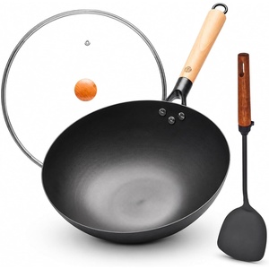 image:imageWANGYUANJI 87 Inch Carbon Steel Mini Wok with Wooden Lid amp Detachable Handle 22 Qt Small Wok Pan for 12 People Flat Bottom Uncoated Stir Fry Pan for Ramen Deep Frying Gas amp Induction1259 Inch Flat Bottom