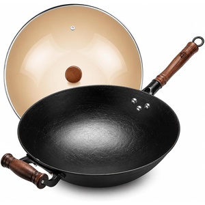 image:imageWANGYUANJI 87 Inch Carbon Steel Mini Wok with Wooden Lid amp Detachable Handle 22 Qt Small Wok Pan for 12 People Flat Bottom Uncoated Stir Fry Pan for Ramen Deep Frying Gas amp Induction126 Inch Round Bottom