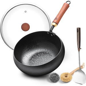 image:imageWANGYUANJI 87 Inch Carbon Steel Mini Wok with Wooden Lid amp Detachable Handle 22 Qt Small Wok Pan for 12 People Flat Bottom Uncoated Stir Fry Pan for Ramen Deep Frying Gas amp Induction95 INCH