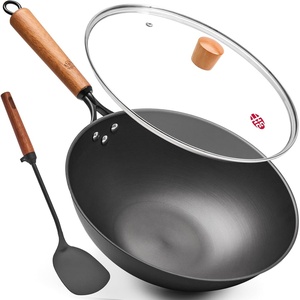 image:imageWANGYUANJI 87 Inch Carbon Steel Mini Wok with Wooden Lid amp Detachable Handle 22 Qt Small Wok Pan for 12 People Flat Bottom Uncoated Stir Fry Pan for Ramen Deep Frying Gas amp Induction126 Inch Flat Bottom