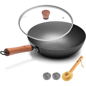 image:imageWANGYUANJI 87 Inch Carbon Steel Mini Wok with Wooden Lid amp Detachable Handle 22 Qt Small Wok Pan for 12 People Flat Bottom Uncoated Stir Fry Pan for Ramen Deep Frying Gas amp Induction11 Inch Round Bottom