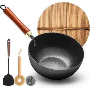 image:imageWANGYUANJI 87 Inch Carbon Steel Mini Wok with Wooden Lid amp Detachable Handle 22 Qt Small Wok Pan for 12 People Flat Bottom Uncoated Stir Fry Pan for Ramen Deep Frying Gas amp Induction87 inch