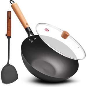 image:imageWANGYUANJI 87 Inch Carbon Steel Mini Wok with Wooden Lid amp Detachable Handle 22 Qt Small Wok Pan for 12 People Flat Bottom Uncoated Stir Fry Pan for Ramen Deep Frying Gas amp Induction118 Inch Flat Bottom