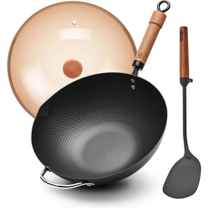 image:imageWANGYUANJI 87 Inch Carbon Steel Mini Wok with Wooden Lid amp Detachable Handle 22 Qt Small Wok Pan for 12 People Flat Bottom Uncoated Stir Fry Pan for Ramen Deep Frying Gas amp Induction1259inchDBH