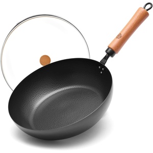 image:imageWANGYUANJI 87 Inch Carbon Steel Mini Wok with Wooden Lid amp Detachable Handle 22 Qt Small Wok Pan for 12 People Flat Bottom Uncoated Stir Fry Pan for Ramen Deep Frying Gas amp Induction11 inch