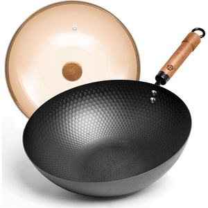 image:imageWANGYUANJI 87 Inch Carbon Steel Mini Wok with Wooden Lid amp Detachable Handle 22 Qt Small Wok Pan for 12 People Flat Bottom Uncoated Stir Fry Pan for Ramen Deep Frying Gas amp Induction126 INCH