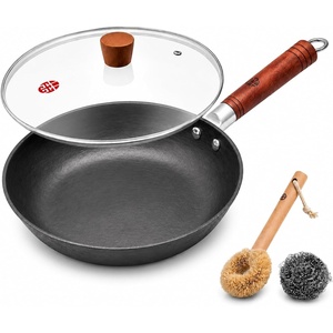 image:imageWANGYUANJI 87Inch Carbon Steel Mini Wok Flat Bottom Small Stir Fry Pan for 12 Servings Uncoated Textured Wok for Gas Electric Ceramic amp Induction Stoves with Lid amp Spatula102 inch wok