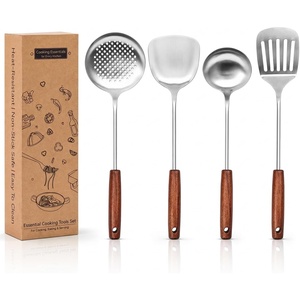 image:imageWANGYUANJI Chinese Iron Wok Spatula Traditional Metal Wok Shovel with Wooden Handle Stir Fry Turner for Carbon Steel Cast Iron and Iron Woks Hand Wash OnlySilver 4pieces