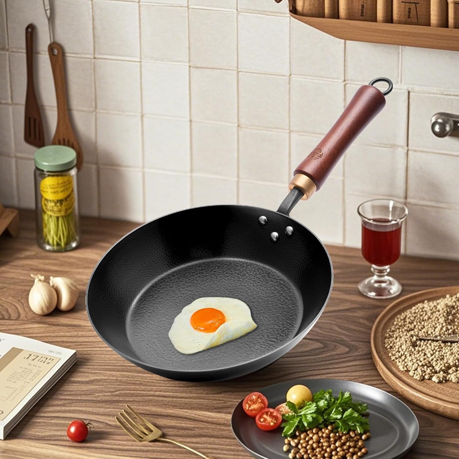 image:imageCoatingFree Carbon Steel Pan Flat Bottom Skillet with Rand 20Piece Stainless Steel Flatware Set Service for 4 4 5Piece Place Settings Knife Dinner Fork Salad Fork Dinner Spoon amp Teaspoon