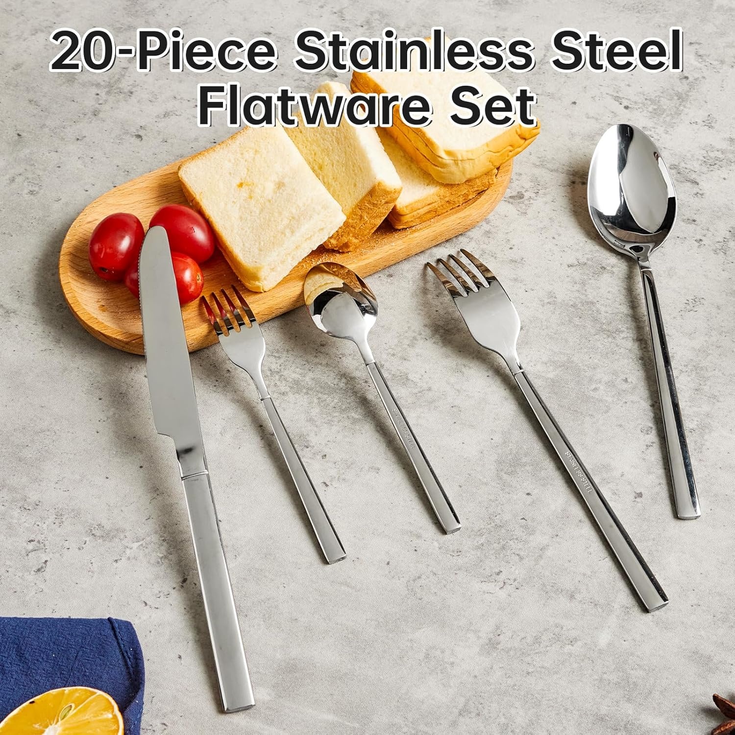 image:imageCoatingFree Carbon Steel Pan Flat Bottom Skillet with Rand 20Piece Stainless Steel Flatware Set Service for 4 4 5Piece Place Settings Knife Dinner Fork Salad Fork Dinner Spoon amp Teaspoon