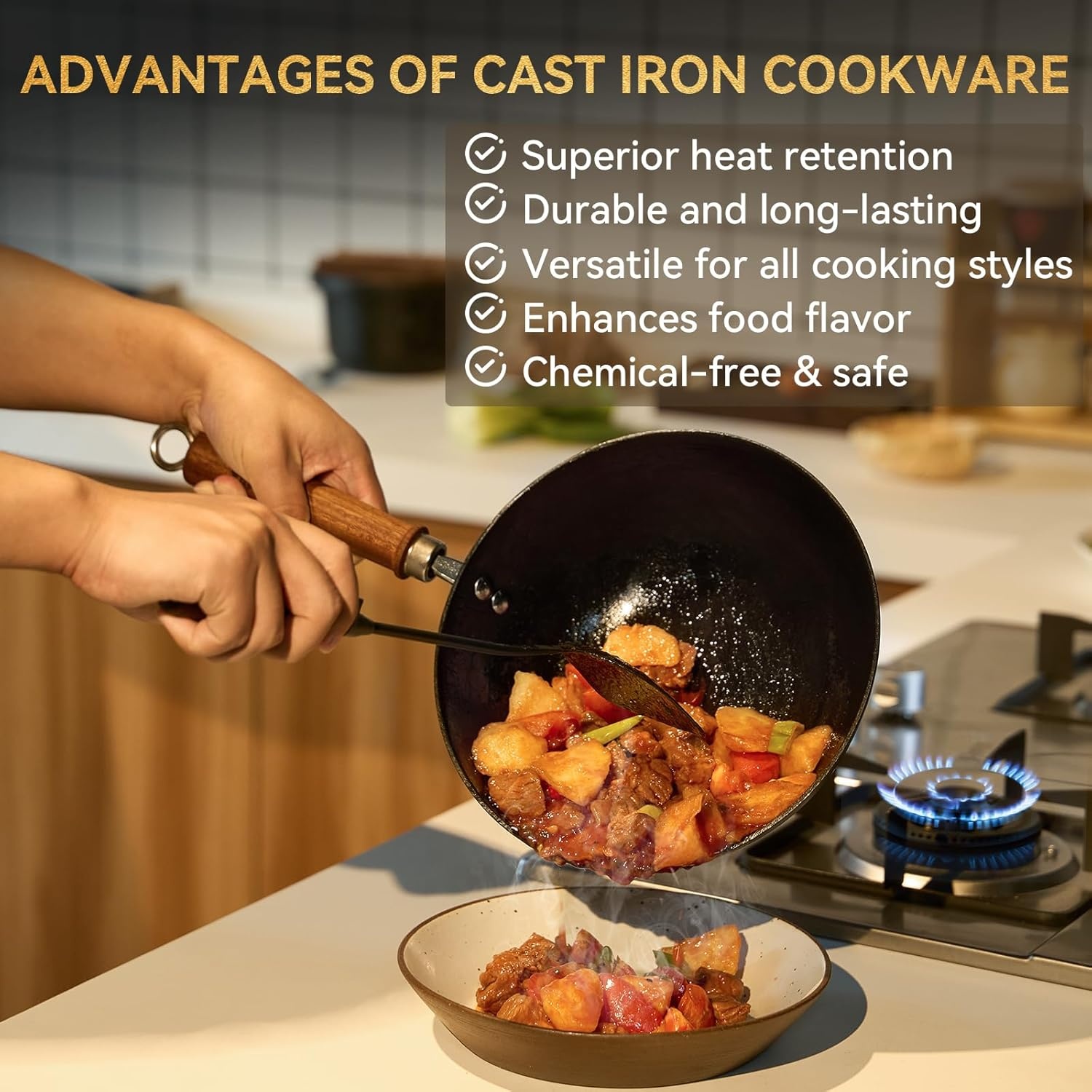 image:imageWANGYUANJI 102 Inch Cast Iron Wok with Lid126 ChemicalFree Iron Wok with Lid and Iron Spatula