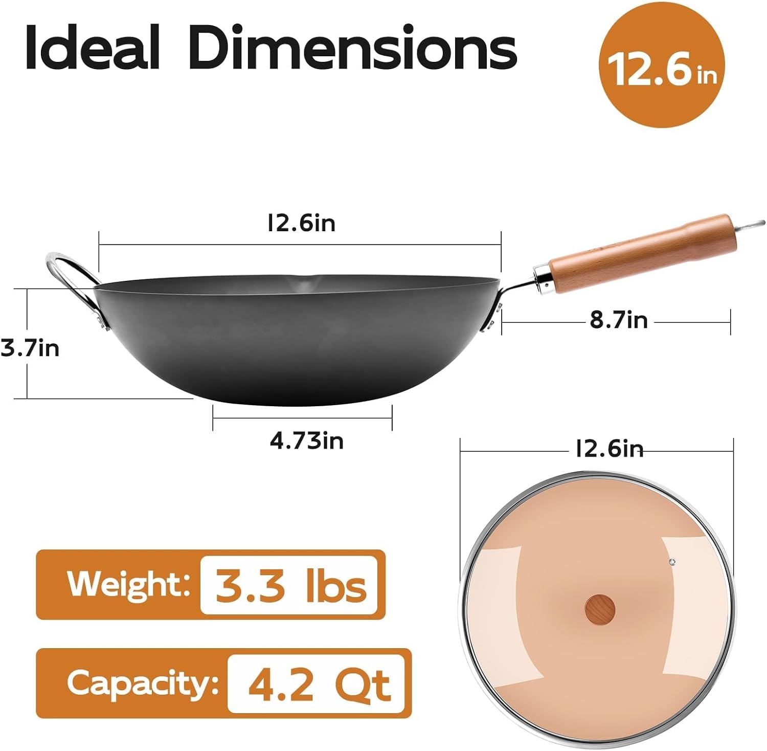 image:imageWANGYUANJI 102 Inch Cast Iron Wok with Lid126 FlatBottom Iron Wok with Glass Lid Uncoated StirFry Pan