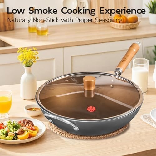 image:imageWANGYUANJI 102 Inch Cast Iron Wok with Lid126 FlatBottom Iron Wok with Glass Lid Uncoated StirFry Pan