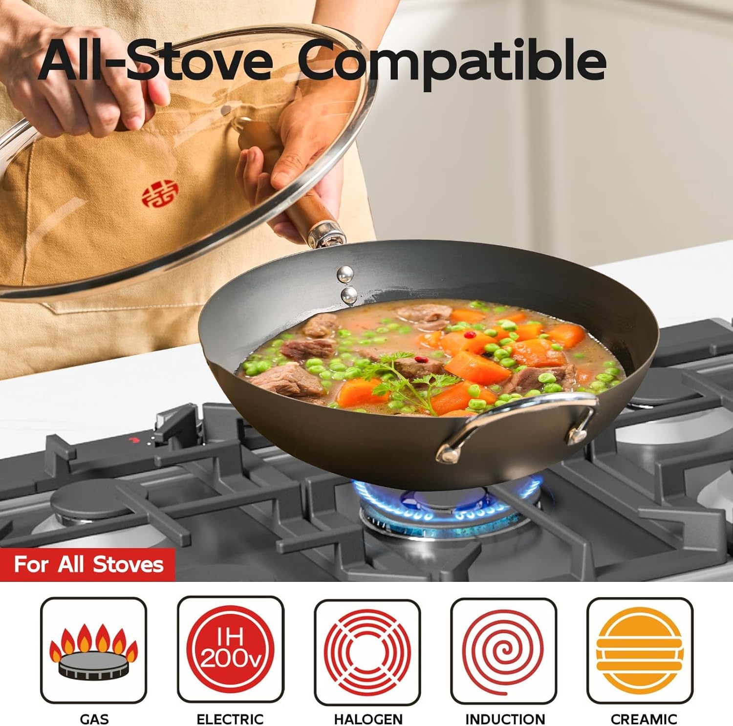 image:imageWANGYUANJI 102 Inch Cast Iron Wok with Lid126 FlatBottom Iron Wok with Glass Lid Uncoated StirFry Pan