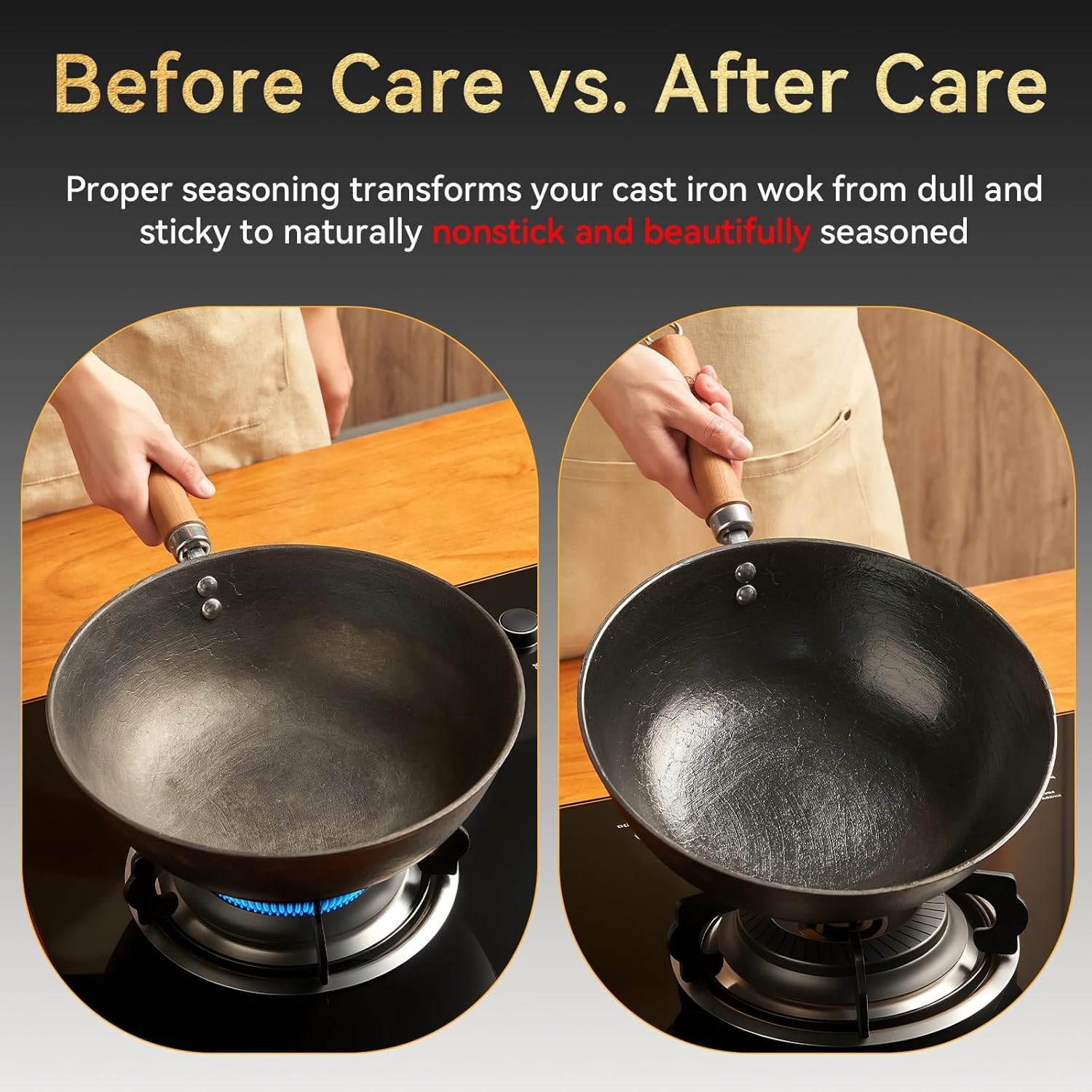 image:imageWANGYUANJI 102 Inch Cast Iron Wok with Lid126 FlatBottom Iron Wok with Glass Lid Uncoated StirFry Pan