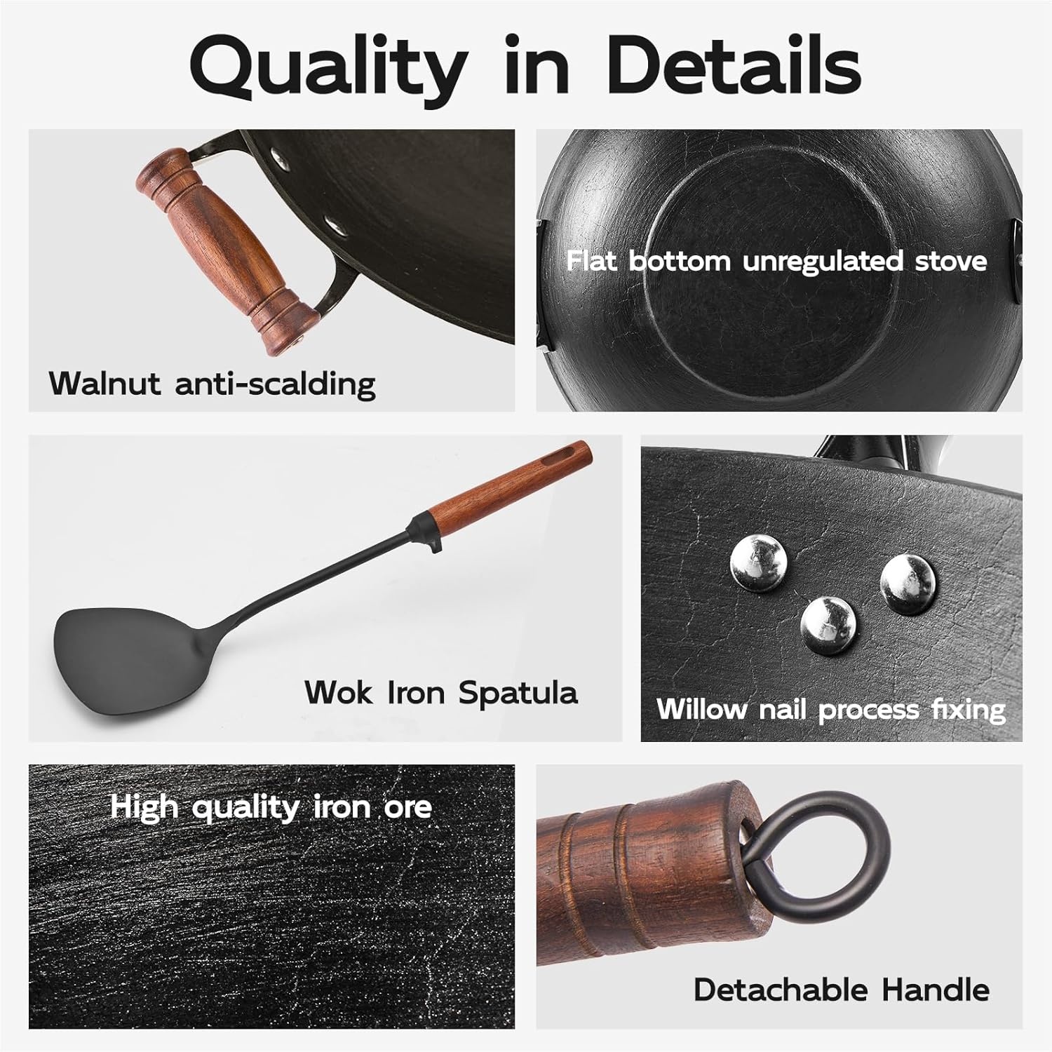 image:imageWANGYUANJI 102 Inch Cast Iron Wok with Lid142 ChemicalFree Iron Wok with Lid and Iron Spatula