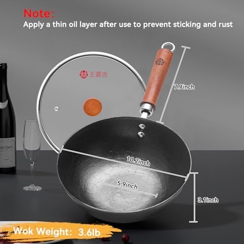 image:imageWANGYUANJI 102 Inch Cast Iron Wok with Lid142 ChemicalFree Iron Wok with Lid and Iron Spatula