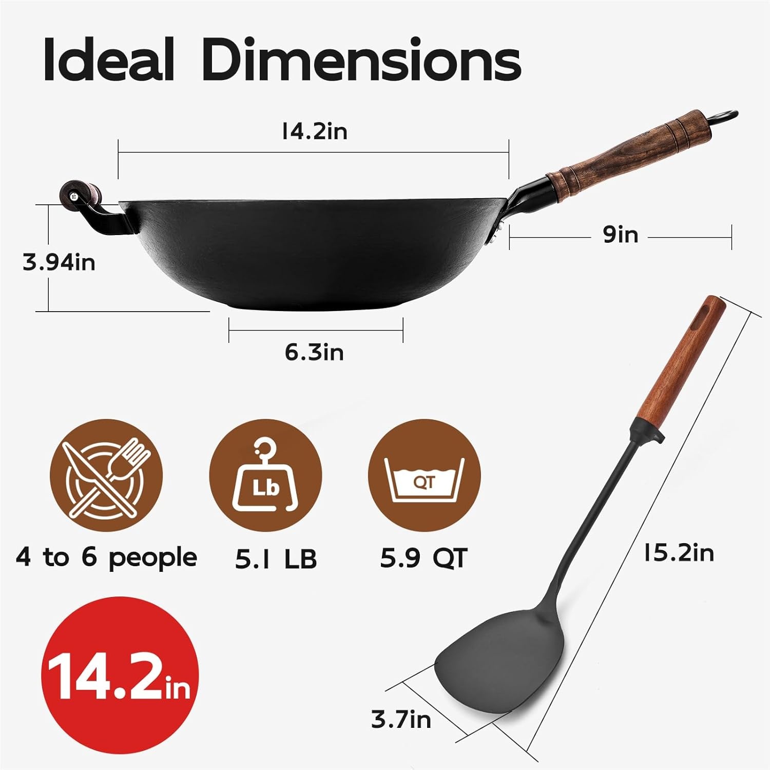 image:imageWANGYUANJI 102 Inch Cast Iron Wok with Lid142 ChemicalFree Iron Wok with Lid and Iron Spatula