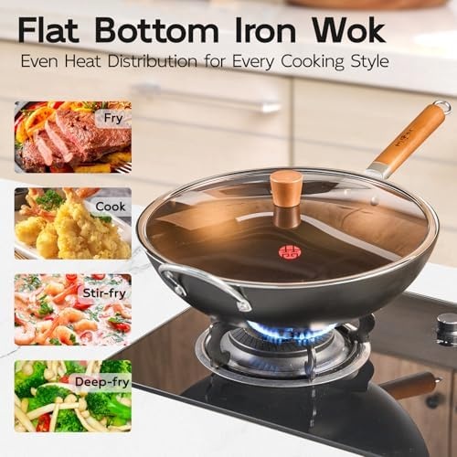 image:imageWANGYUANJI 102 Inch Cast Iron Wok with Lid142 FlatBottom Iron Wok with Glass Lid Uncoated StirFry Pan
