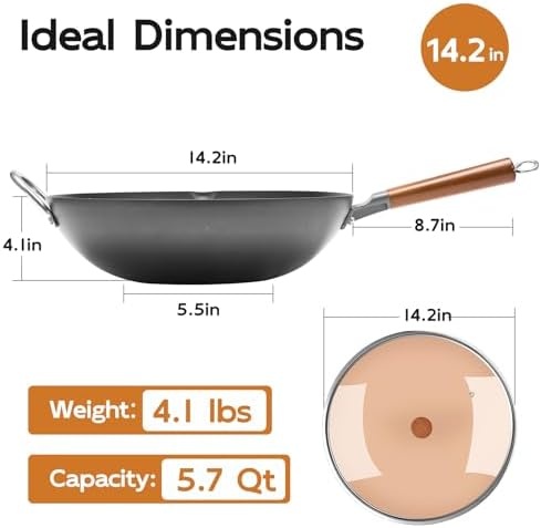 image:imageWANGYUANJI 102 Inch Cast Iron Wok with Lid142 FlatBottom Iron Wok with Glass Lid Uncoated StirFry Pan