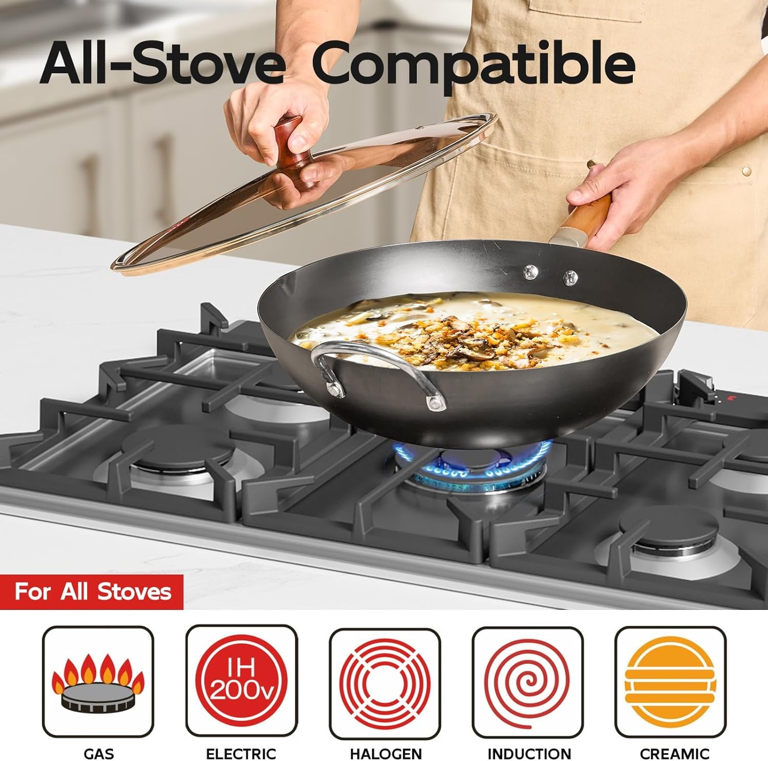 image:imageWANGYUANJI 102 Inch Cast Iron Wok with Lid142 FlatBottom Iron Wok with Glass Lid Uncoated StirFry Pan