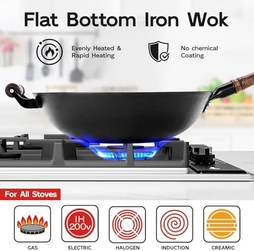image:imageWANGYUANJI 11 Iron Skillet with Glass Lid amp Griddle Spatula FlatBottom Frying PanLarge Capacity 142 Flat Bottom Wok