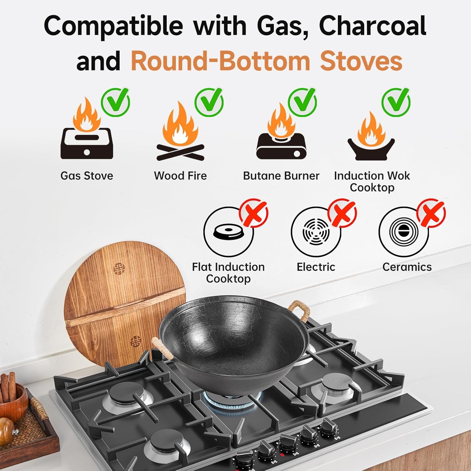 image:imageWANGYUANJI 118 Inch Handmade Cast Iron Wok and 4Piece Stainless Steel Kitchen Utensil Set
