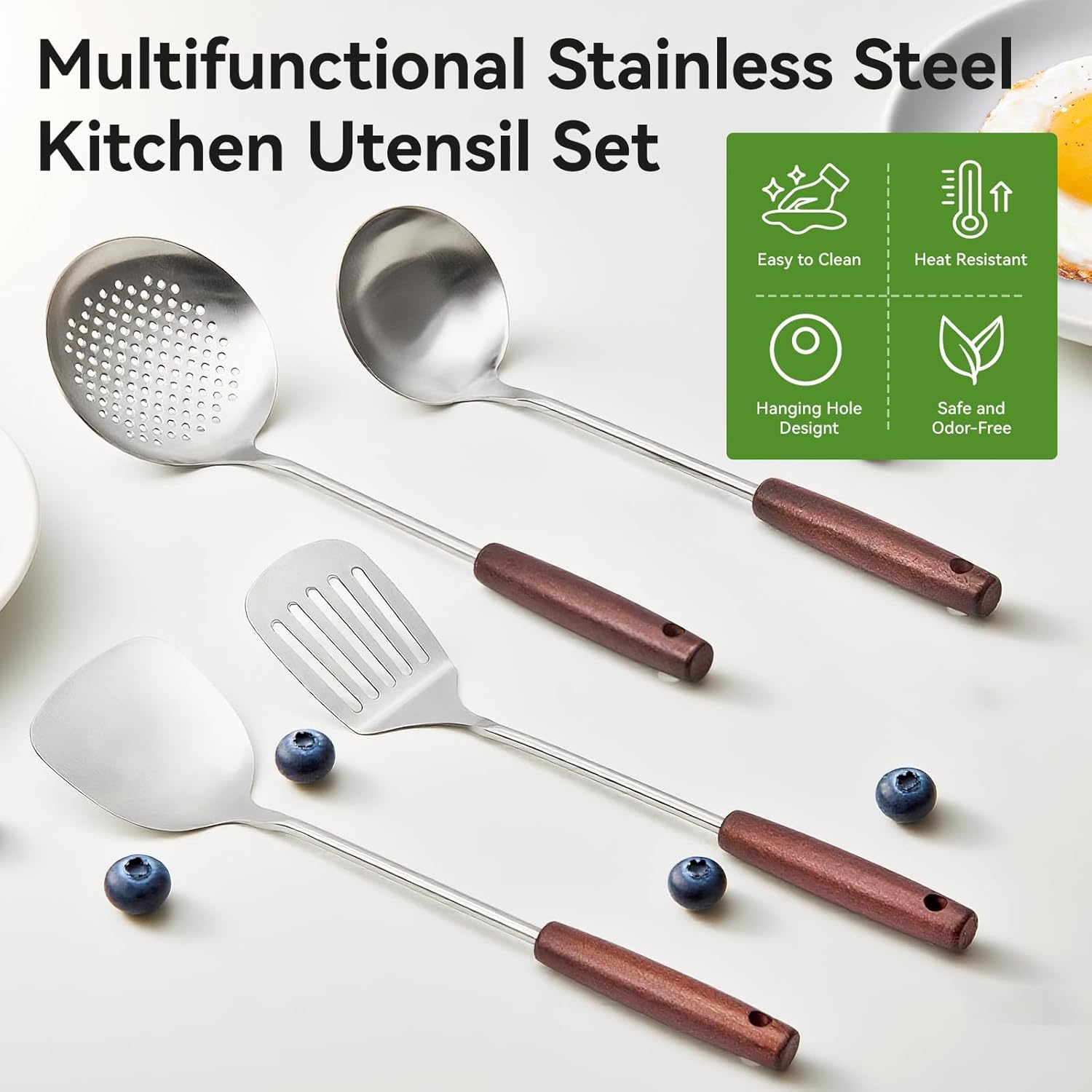 image:imageWANGYUANJI 118 Inch Handmade Cast Iron Wok and 4Piece Stainless Steel Kitchen Utensil Set