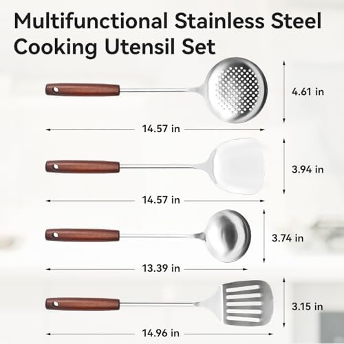 image:imageWANGYUANJI 118 Inch Handmade Cast Iron Wok and 4Piece Stainless Steel Kitchen Utensil Set