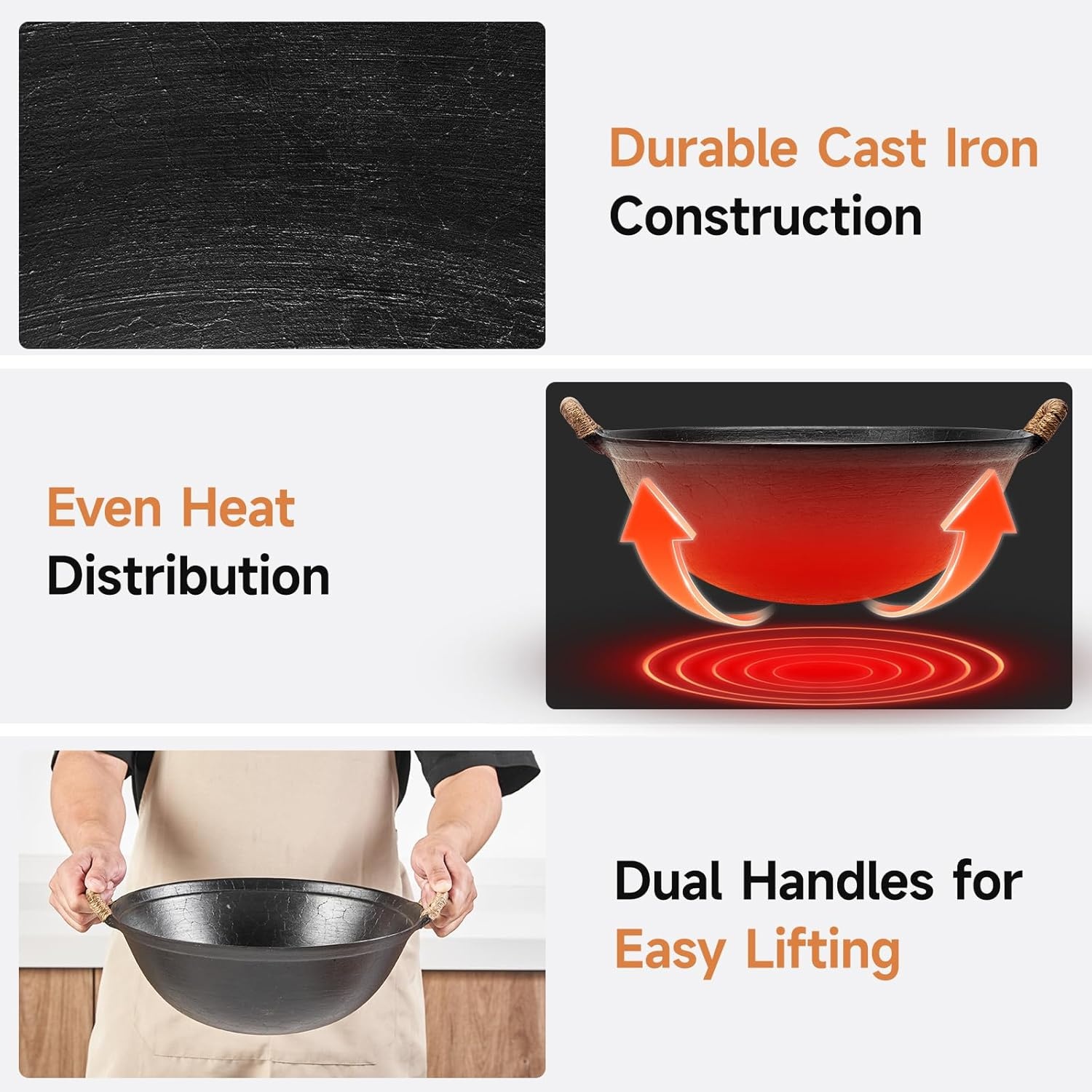 image:imageWANGYUANJI 118 Inch Handmade Cast Iron Wok and 4Piece Stainless Steel Kitchen Utensil Set