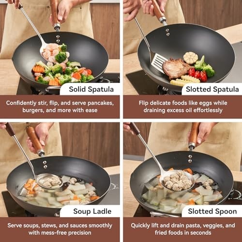 image:imageWANGYUANJI 118 Inch Handmade Cast Iron Wok and 4Piece Stainless Steel Kitchen Utensil Set