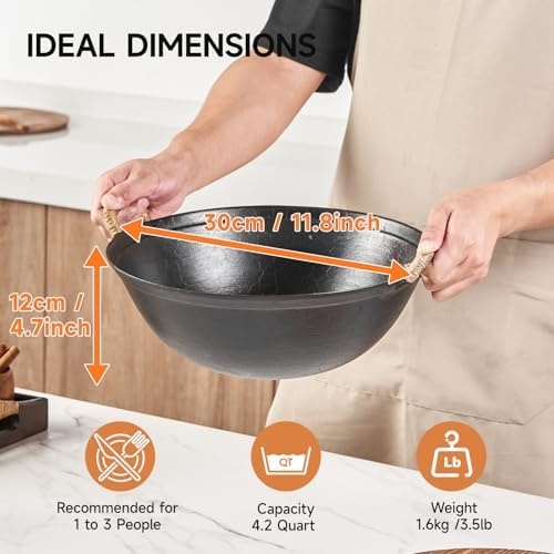 image:imageWANGYUANJI 118 Inch Handmade Cast Iron Wok and 4Piece Stainless Steel Kitchen Utensil Set