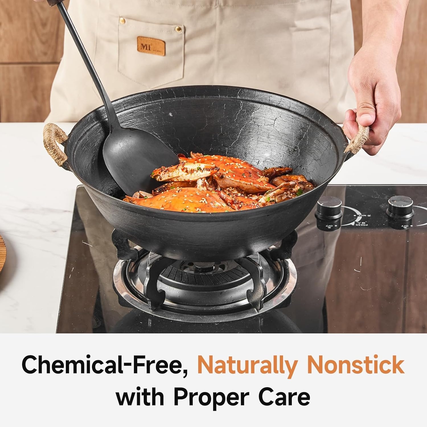 image:imageWANGYUANJI 118 Inch Handmade Cast Iron Wok and 4Piece Stainless Steel Kitchen Utensil Set