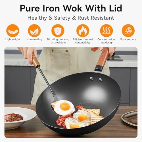 image:imageWANGYUANJI 126 PureIron Wok with Glass Lid and 71 Inch Hammered Cast Iron Saucepan with Glass Lid