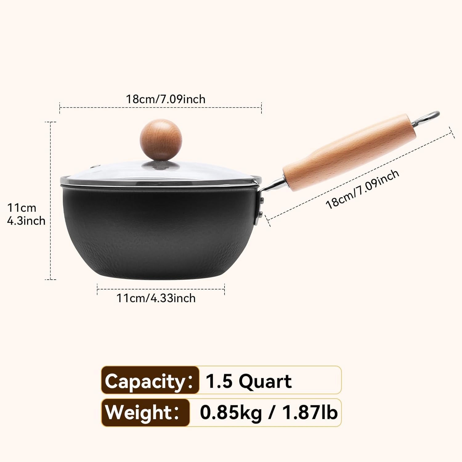 image:imageWANGYUANJI 126 PureIron Wok with Glass Lid and 71 Inch Hammered Cast Iron Saucepan with Glass Lid
