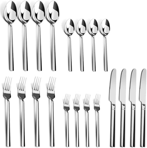 image:imageWANGYUANJI 126 Wok with Lid Flat Bottom Nonstick Wok and 20Piece Stainless Steel Flatware Set Service for 4 4 5Piece Place Settings Knife Dinner Fork Salad Fork Dinner Spoon amp Teaspoon