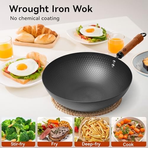 image:imageWANGYUANJI 126Inch Wok Pan with Lid and 71 Inch Hammered Cast Iron Saucepan with Glass Lid