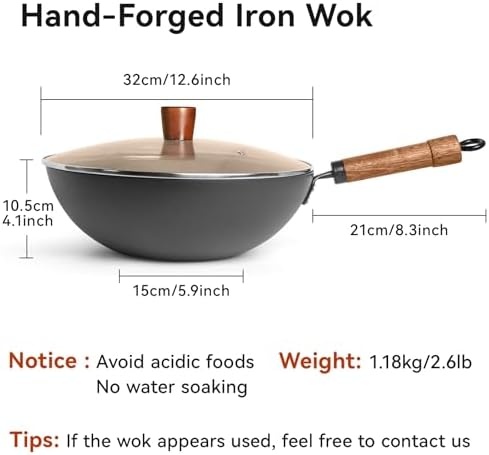 image:imageWANGYUANJI 126Inch Wok Pan with Lid and 71 Inch Hammered Cast Iron Saucepan with Glass Lid