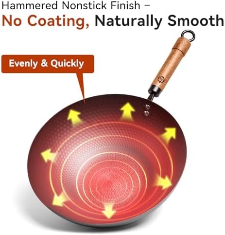 image:imageWANGYUANJI 126Inch Wok Pan with Lid and 71 Inch Hammered Cast Iron Saucepan with Glass Lid