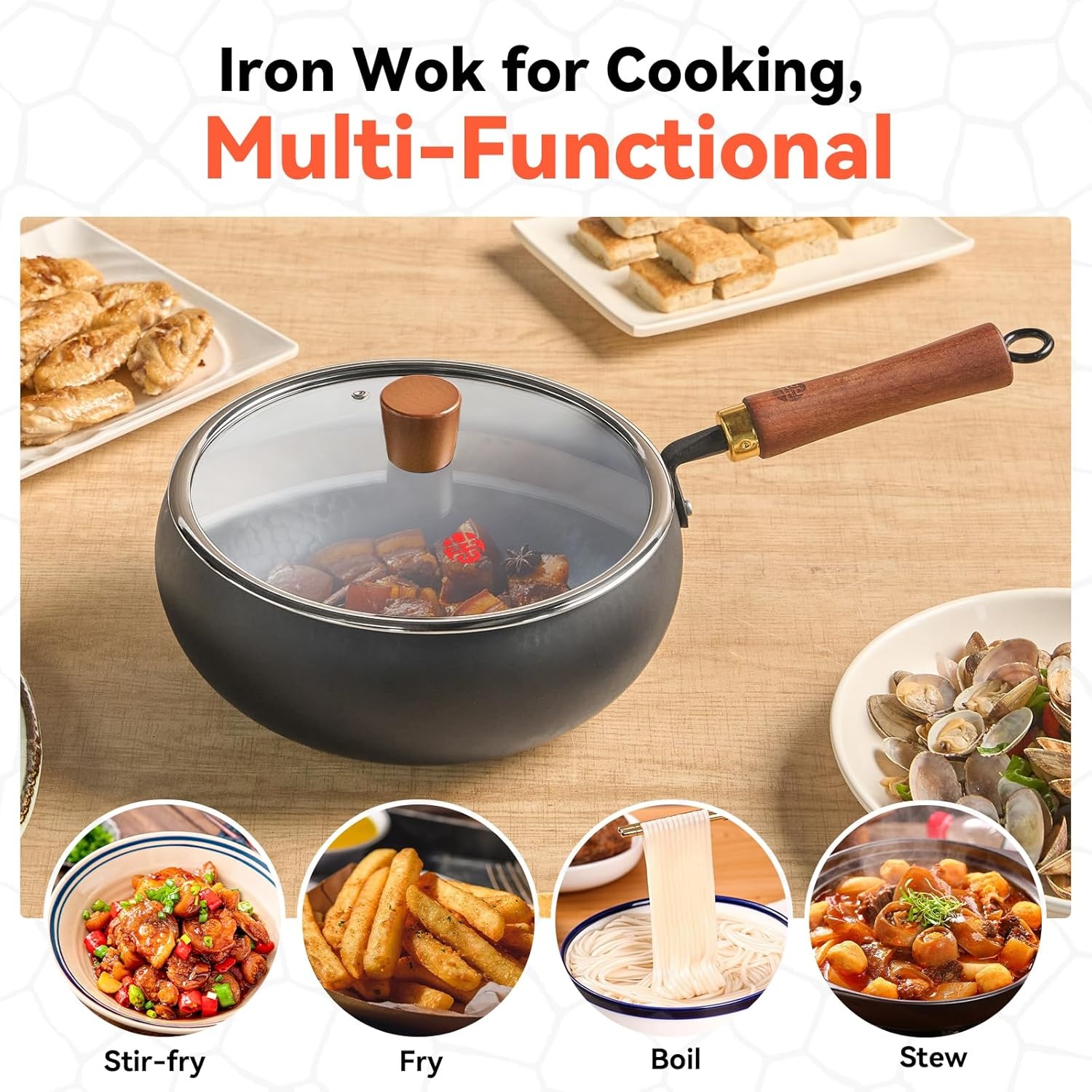 image:imageWANGYUANJI 5Piece Stainless Steel Flatware Set and Wrought Iron Flat Bottom Wok with Glass Lid Detachable Wooden Handle