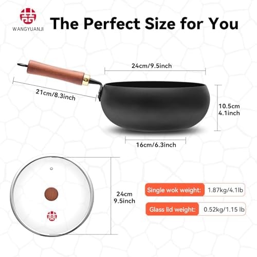 image:imageWANGYUANJI 5Piece Stainless Steel Flatware Set and Wrought Iron Flat Bottom Wok with Glass Lid Detachable Wooden Handle