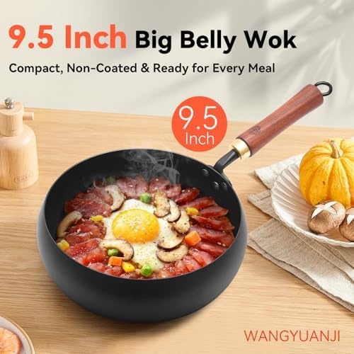 image:imageWANGYUANJI 5Piece Stainless Steel Flatware Set and Wrought Iron Flat Bottom Wok with Glass Lid Detachable Wooden Handle