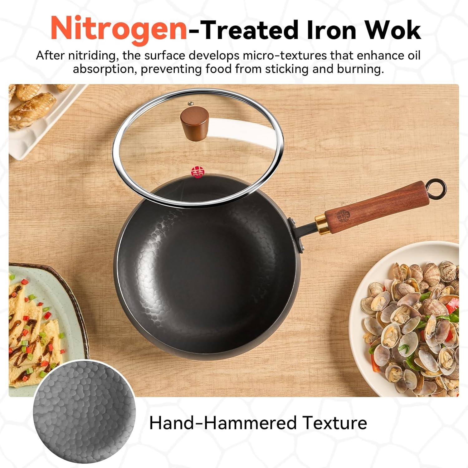 image:imageWANGYUANJI 5Piece Stainless Steel Flatware Set and Wrought Iron Flat Bottom Wok with Glass Lid Detachable Wooden Handle