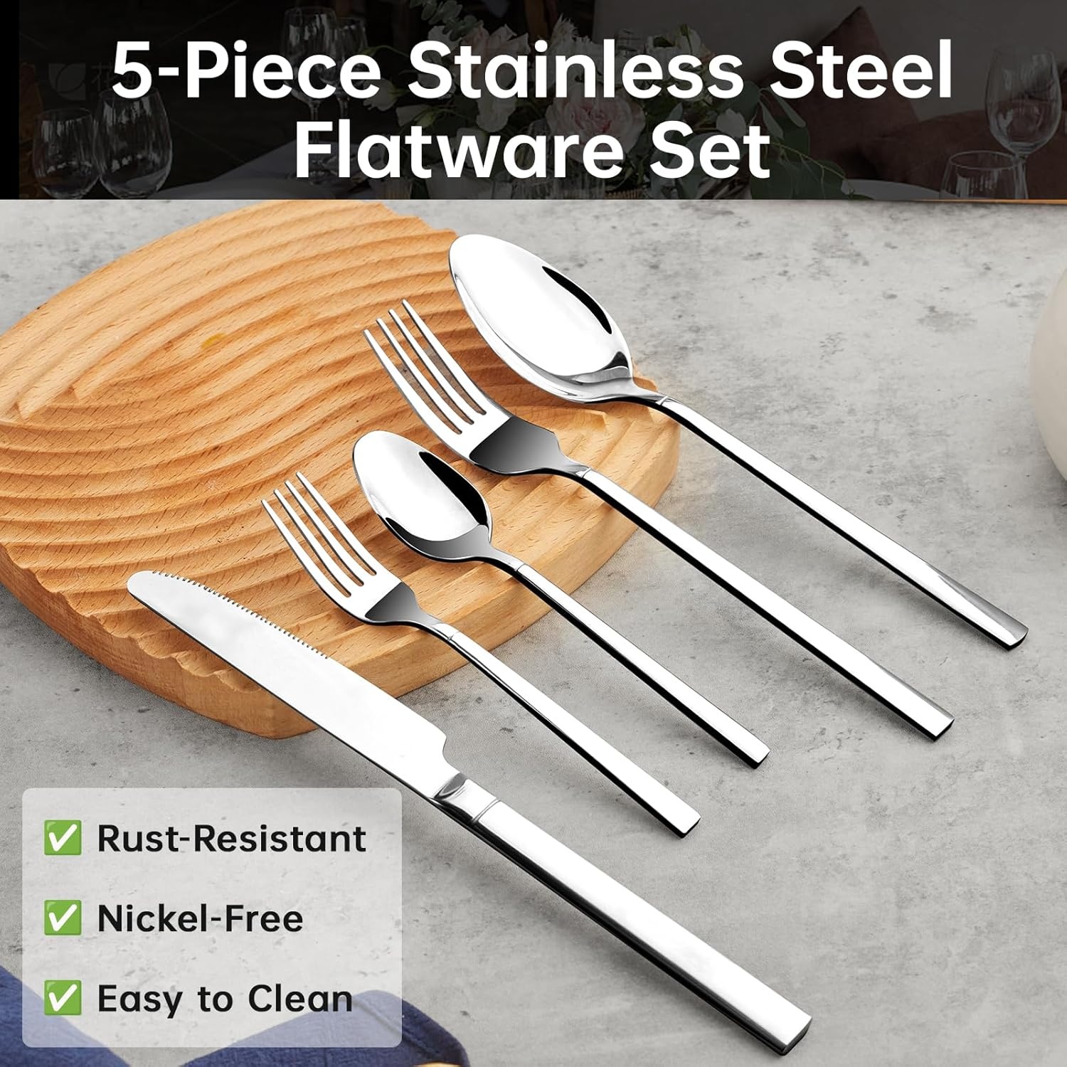 image:imageWANGYUANJI 5Piece Stainless Steel Flatware Set and Wrought Iron Flat Bottom Wok with Glass Lid Detachable Wooden Handle