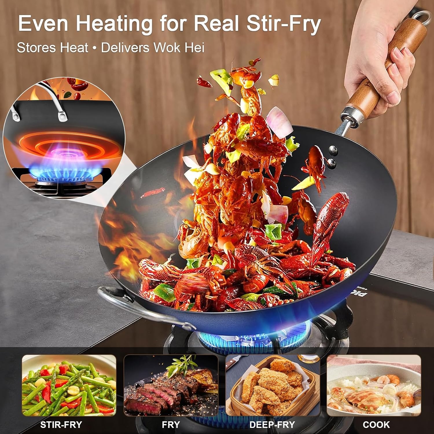 image:imageWANGYUANJI Carbon Steel 134 Woks with Traditional Iron Spatula