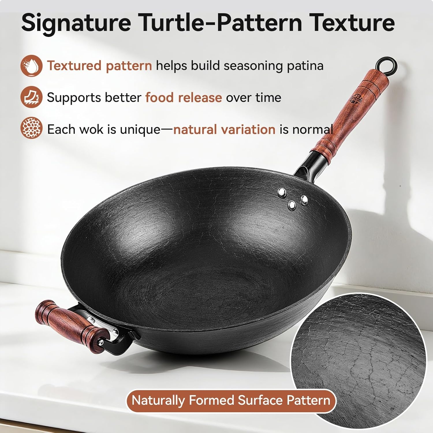 image:imageWANGYUANJI Cast Iron Wok Flat Bottom 1421 with Traditional Iron Spatula